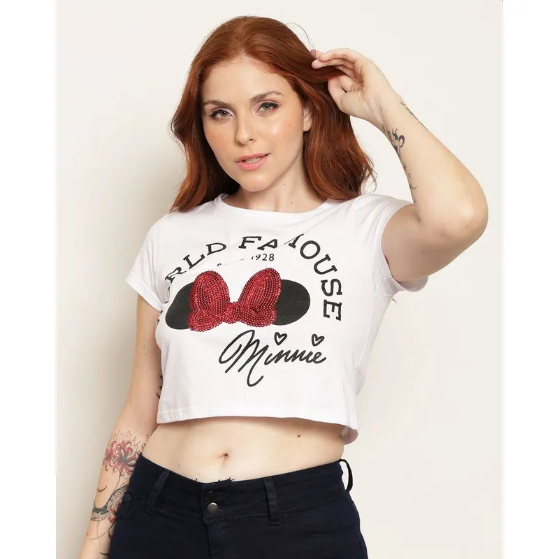 Camiseta Feminina Cropped Disney Minnie Com Paetê Branca G