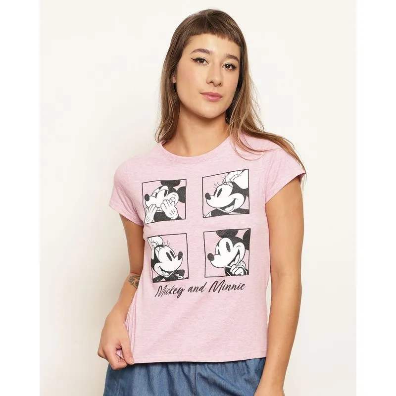 Camiseta Feminina Disney Mickey E Minnie Manga Curta Rosa P