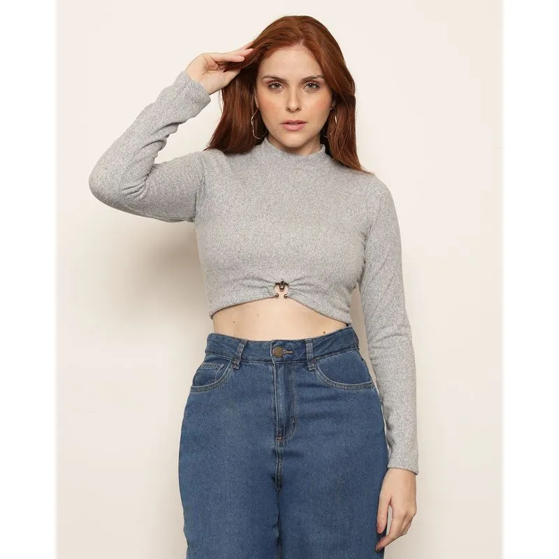 Blusa Feminina Cropped com Recorte Frontal Argola Cinza G