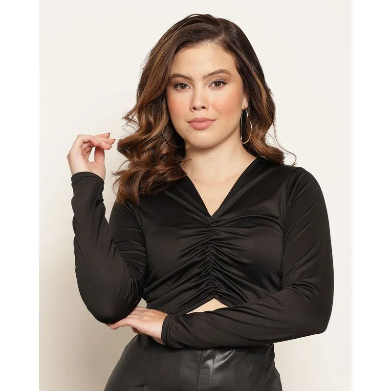 Blusa Feminina Cropped Suplex Com Franzido Preta P