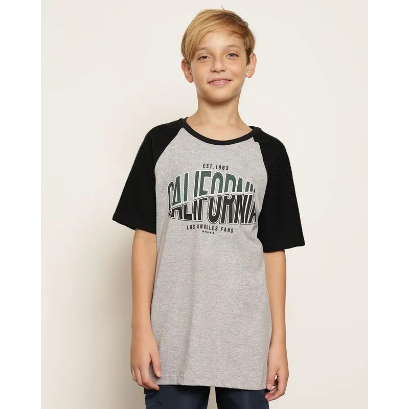 Camiseta Juvenil Estampa Califórnia Manga Curta Raglan Cinza 10
