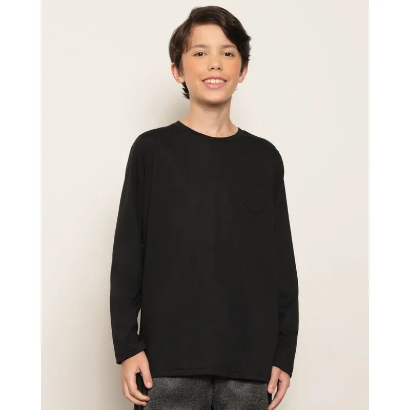 Camiseta Juvenil Básica Com Bolso Manga Longa Preta 10