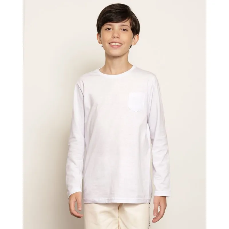 Camiseta Juvenil Com Bolso Frontal Manga Longa Branca 12