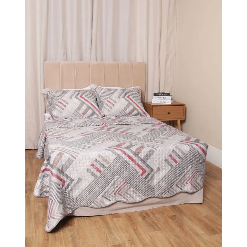 Kit Colcha Queen Dupla Face 3 Peças Com Viés Corttex Estampa Listrada Cinza UN