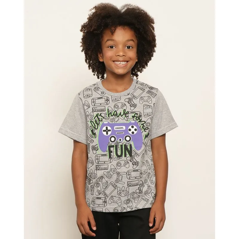 Camiseta Infantil Estampa Game Manga Curta Cinza 8