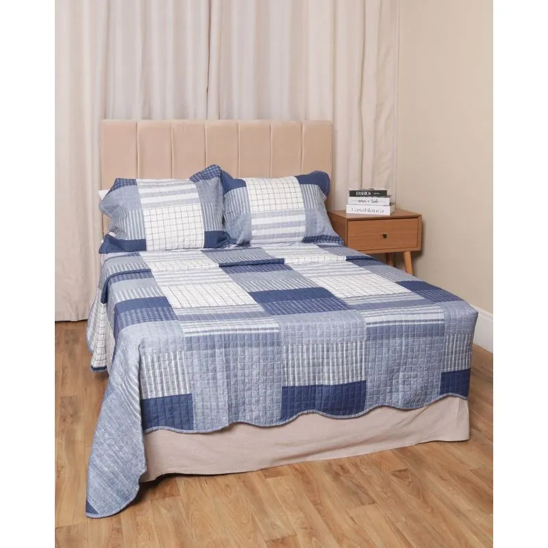 Kit Colcha Casal 3 Peças Dupla Face Corttex Estampado Azul UN