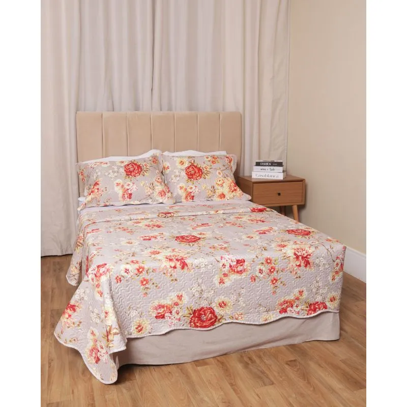 Kit Colcha Casal 3 Peças Dupla Face Corttex Floral Bege UN