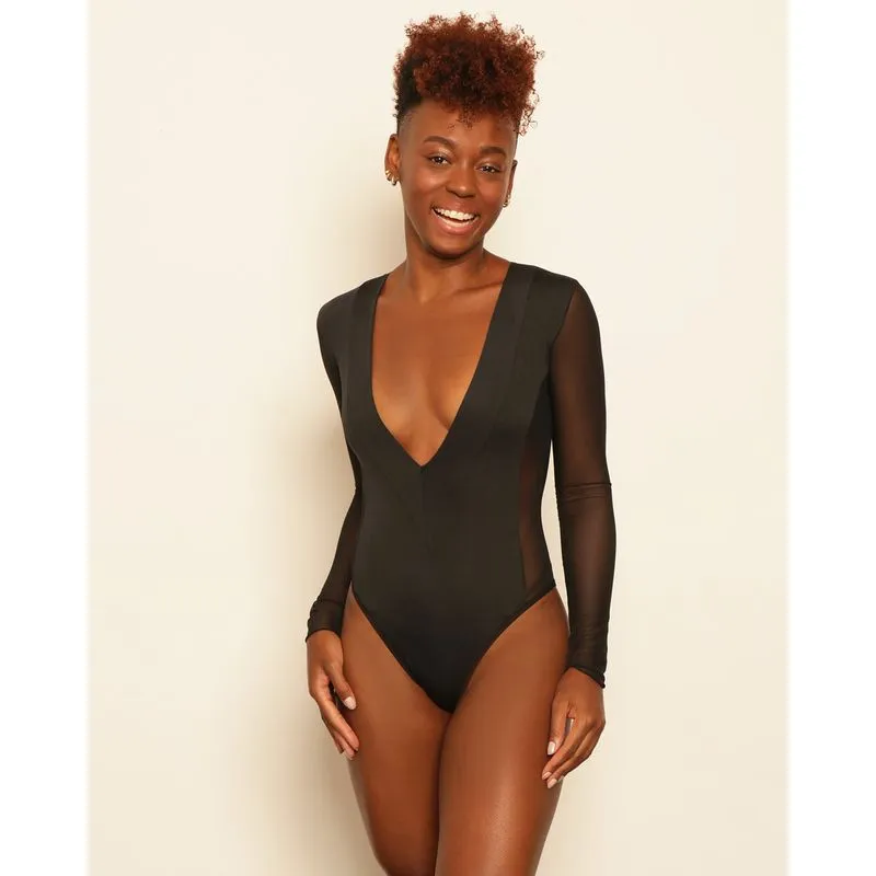 Body Feminino Tule Manga Longa Decote V Com Recortes Preto M