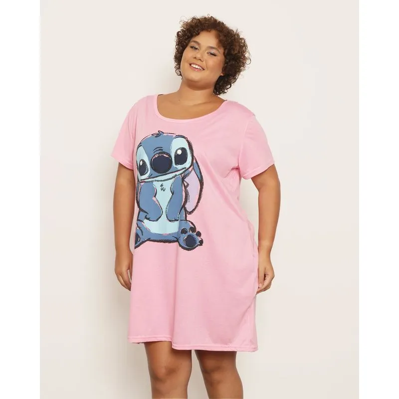 SEM ESTOQUE Camisola Plus Size Feminina Disney Estampa Stitch Marinho 50