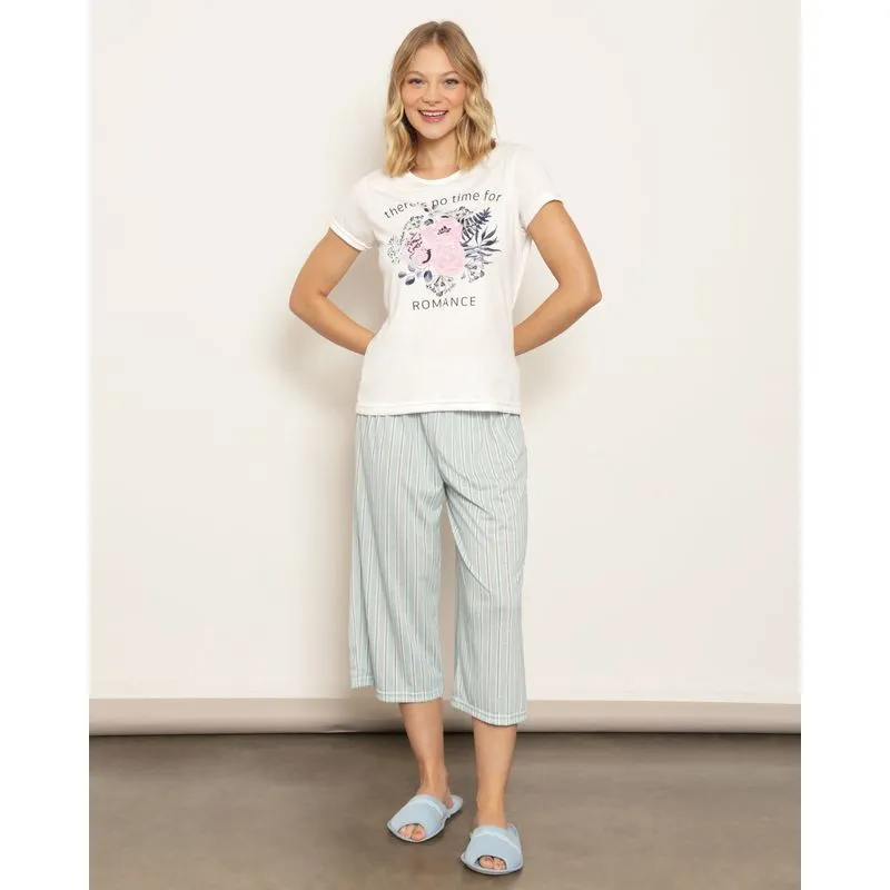 Pijama Feminino Curto Pantacourt Listrado Verde G