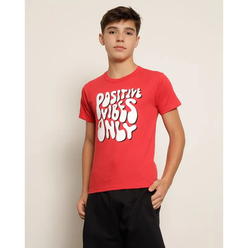 Camiseta Juvenil Estampa Positive Vibes Manga Curta Vermelha 14