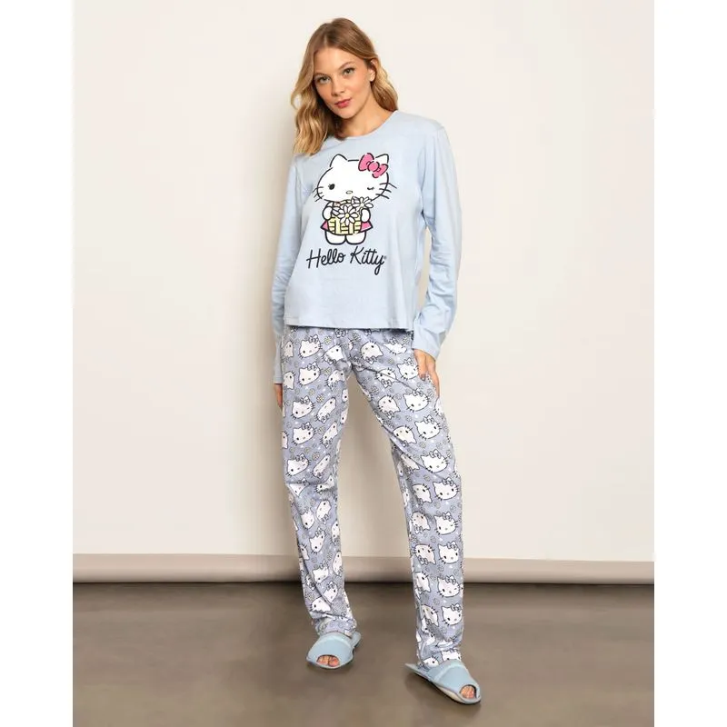 Pijama Feminino Longo Estampa Hello Kitty Azul M