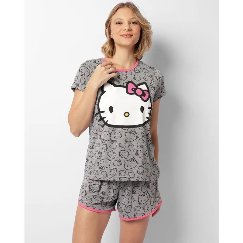 Pijama Feminino Curto Estampado Hello Kitty Cinza GG
