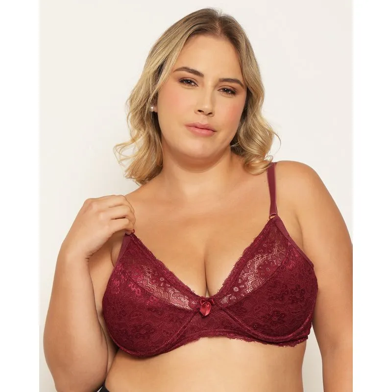 Sutiã Plus Size Feminino Sem Bojo Renda Vinho 48