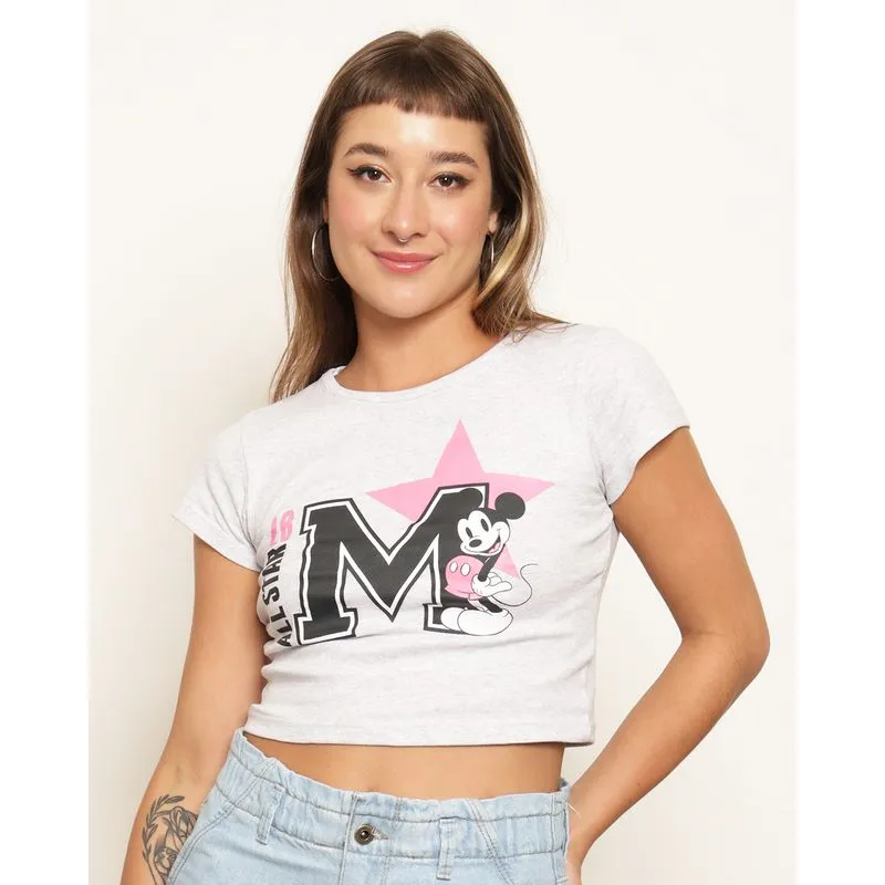 Camiseta Feminina Cropped Disney Mickey Manga Curta Cinza G