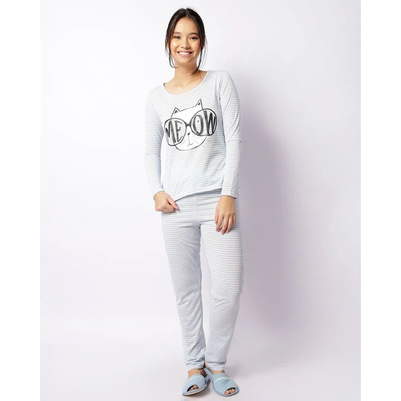 Pijama Feminino Longo Listrado Azul P