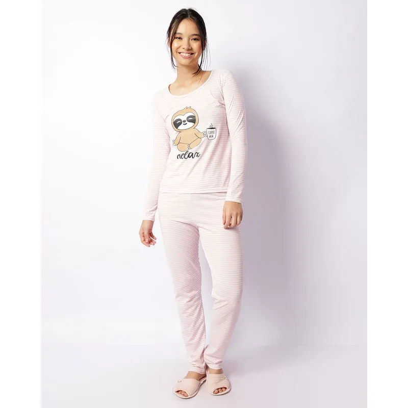Pijama Feminino Longo Listrado Rosa GG