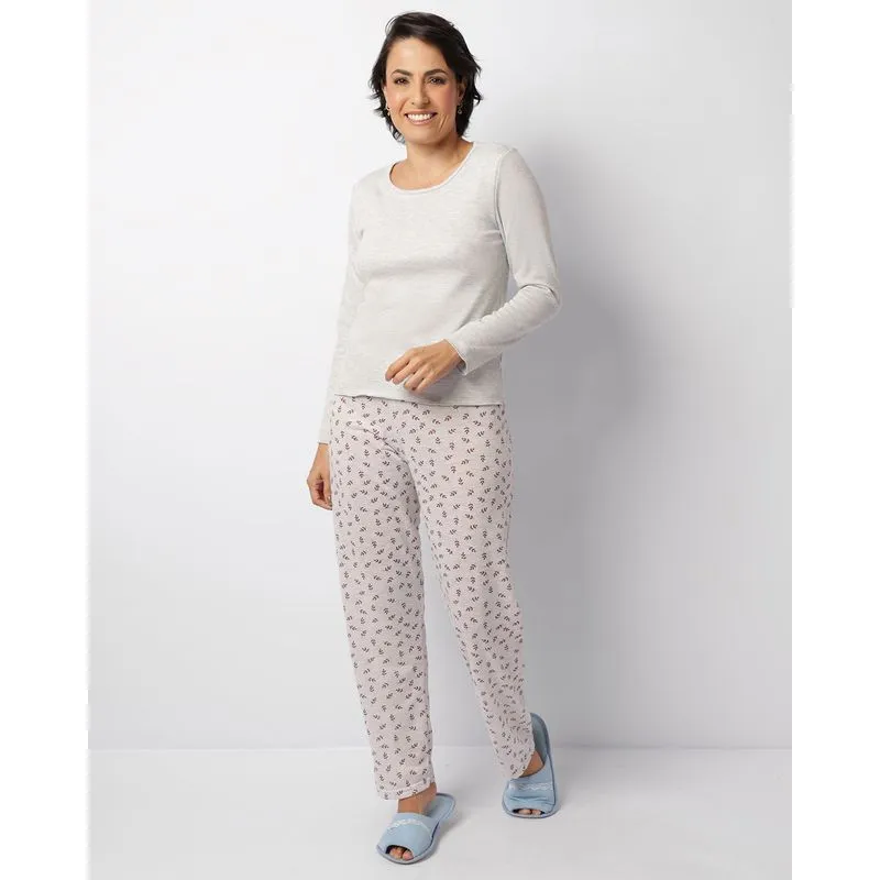 Pijama Feminino Longo Canelado Cinza M