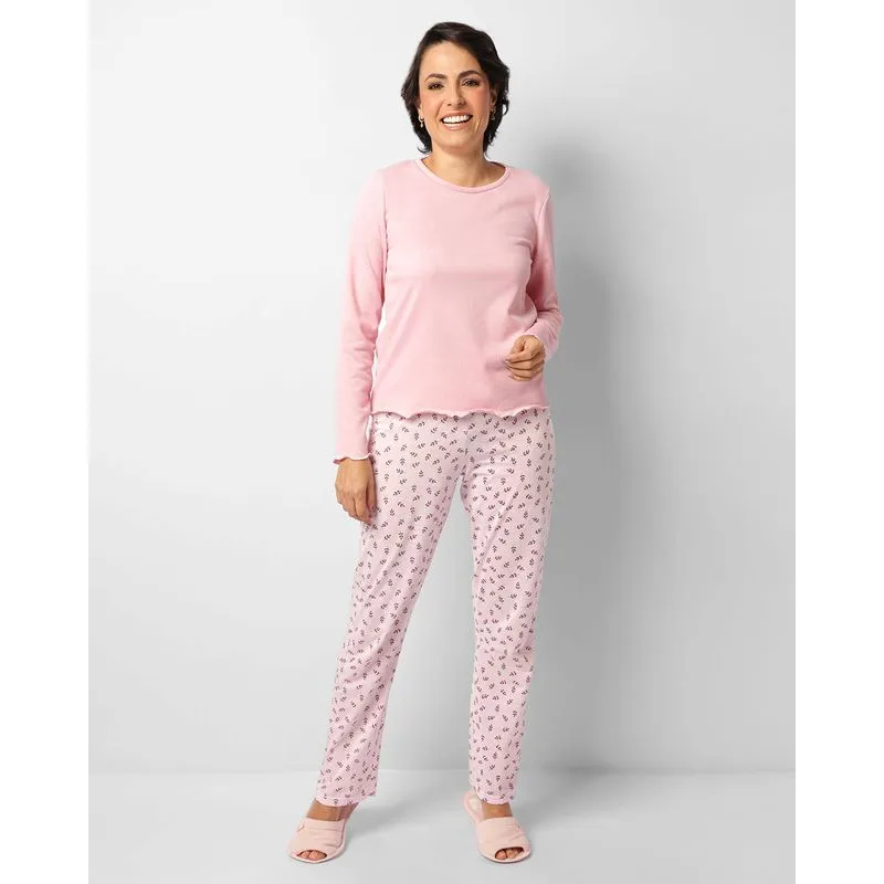 Pijama Feminino Longo Canelado Rosa M