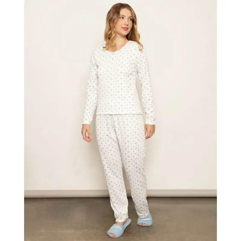 Pijama Feminino Longo Canelado Estampa Floral Azul G