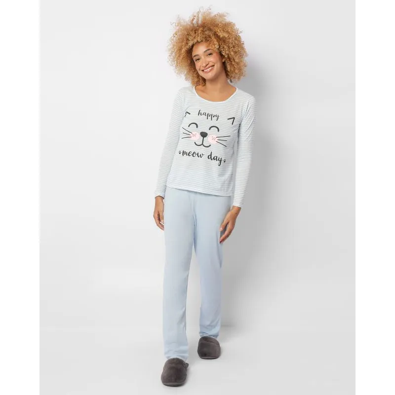 Pijama Feminino Listrado Estampa Gatinho Azul G