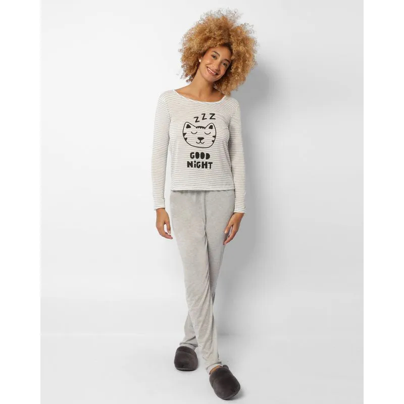 Pijama Feminino Listrado Estampa Gatinho Cinza M