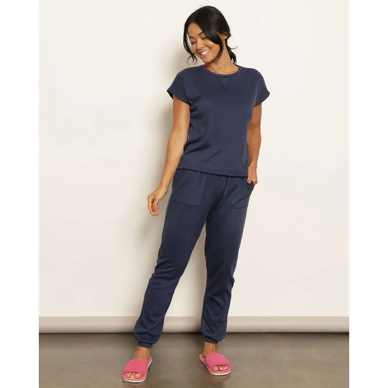 Pijama Feminino Longo Canelado Manga Curta Marinho GG