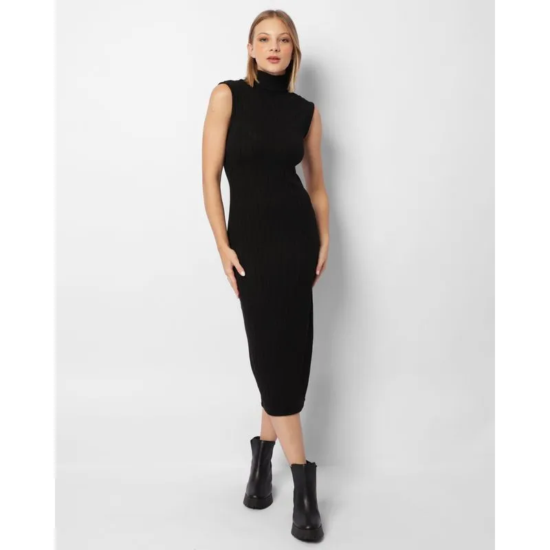 Vestido Feminino Midi Canelado Gola Alta Preto M