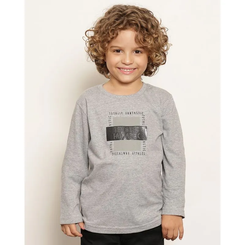Camiseta Infantil Texturizada Estampa Frontal Manga Longa Cinza 4