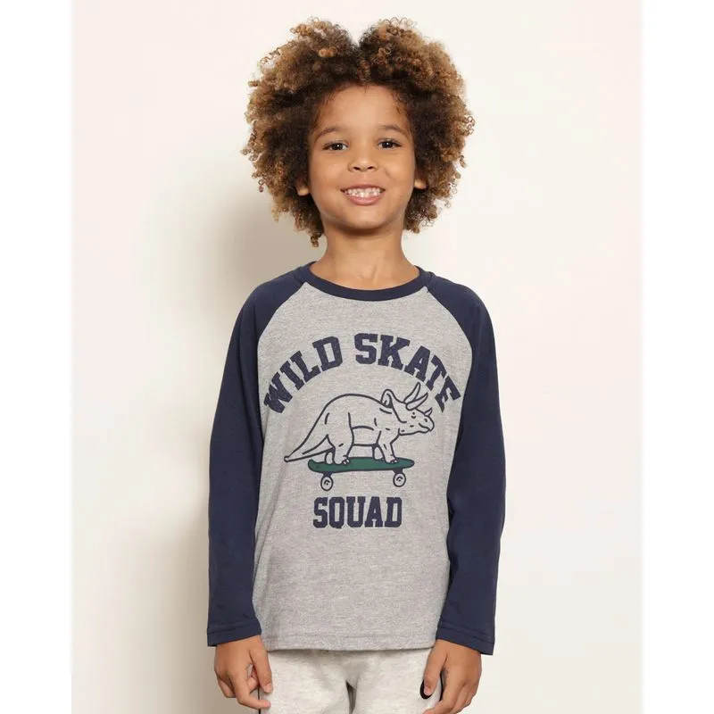 Camiseta Infantil Estampa Dinossauro Manga Longa Raglan Marinho 4