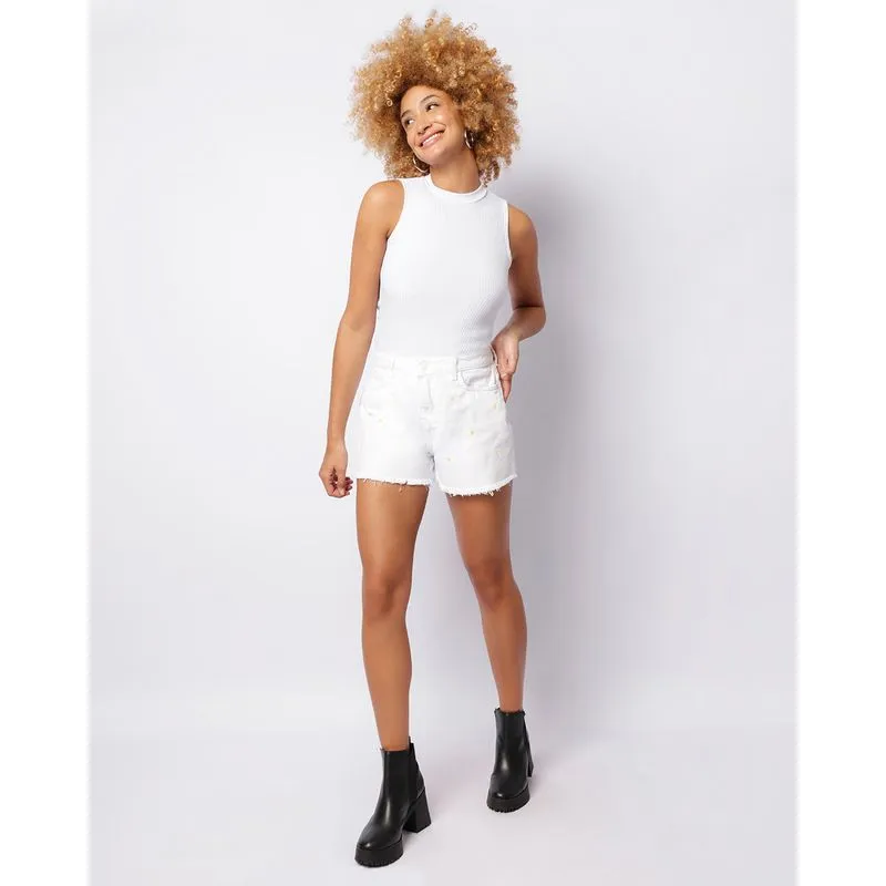Short Feminino Sarja Curto Bordado Barra Desfiada Branco 42