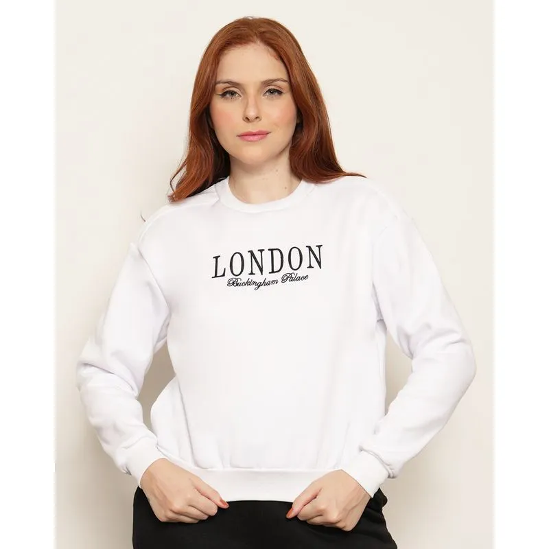 Blusão Moletom Feminino Peluciado Estampa London Branco M