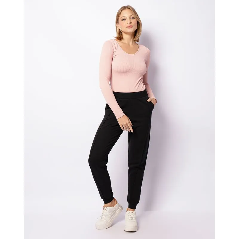 Calça Moletom Feminina Jogger Com Bolsos Preta GG