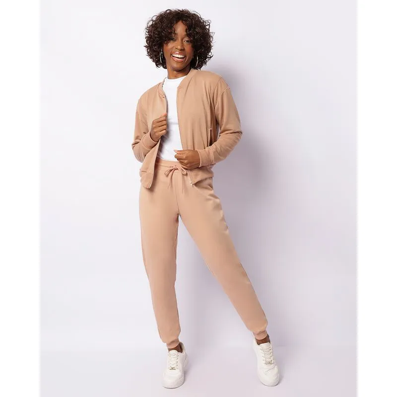 Calça Moletom Feminina Peluciada Jogger Bege GG
