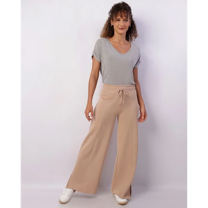 Calça Moletom Feminina Wide Leg Com Cordão Bege G