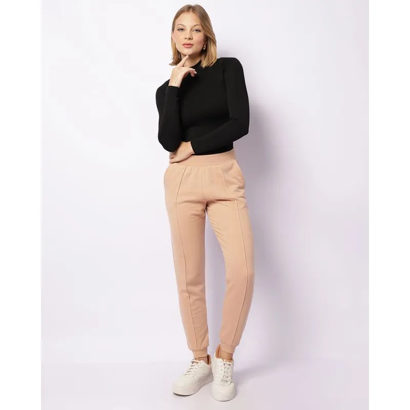 Calça Moletom Feminina Jogger Com Bolsos Bege P