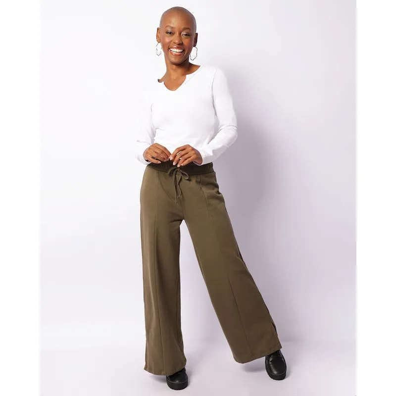 Calça Moletom Feminina Wide Leg Peluciada Com Fenda Verde M