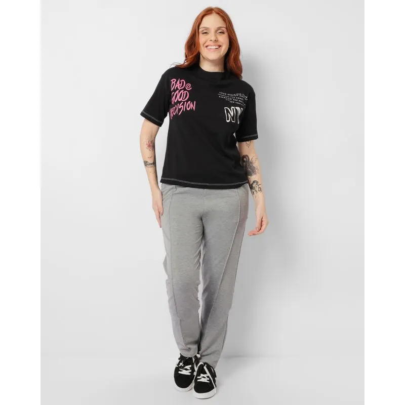 Calça Feminina Moletinho Wide Leg Com Friso Cinza G