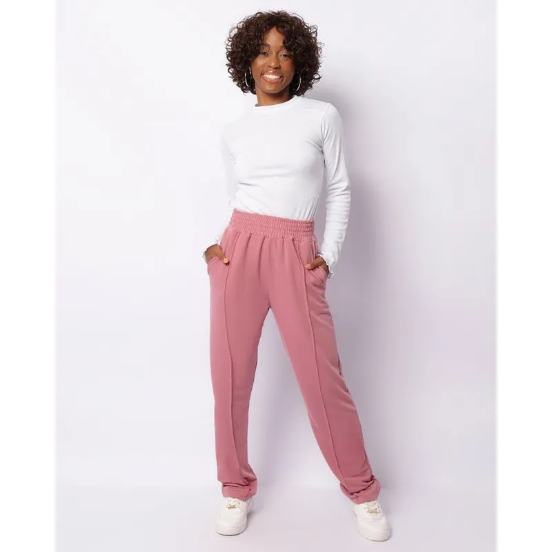 Calça Feminina Moletinho Wide Leg Com Friso Rosa GG