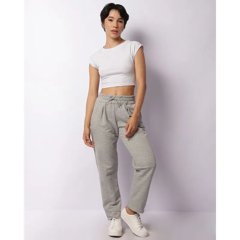 Calça Moletom Feminina Peluciada Reta Bolsos Cinza P