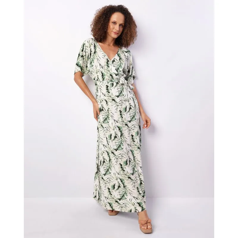 Vestido Feminino Longo Berry & Co. Manga 3/4 Estampa Verde GG