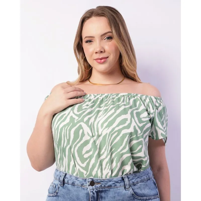 Blusa Plus Size Feminina Ciganinha Berry & Co. Estampada Verde G1