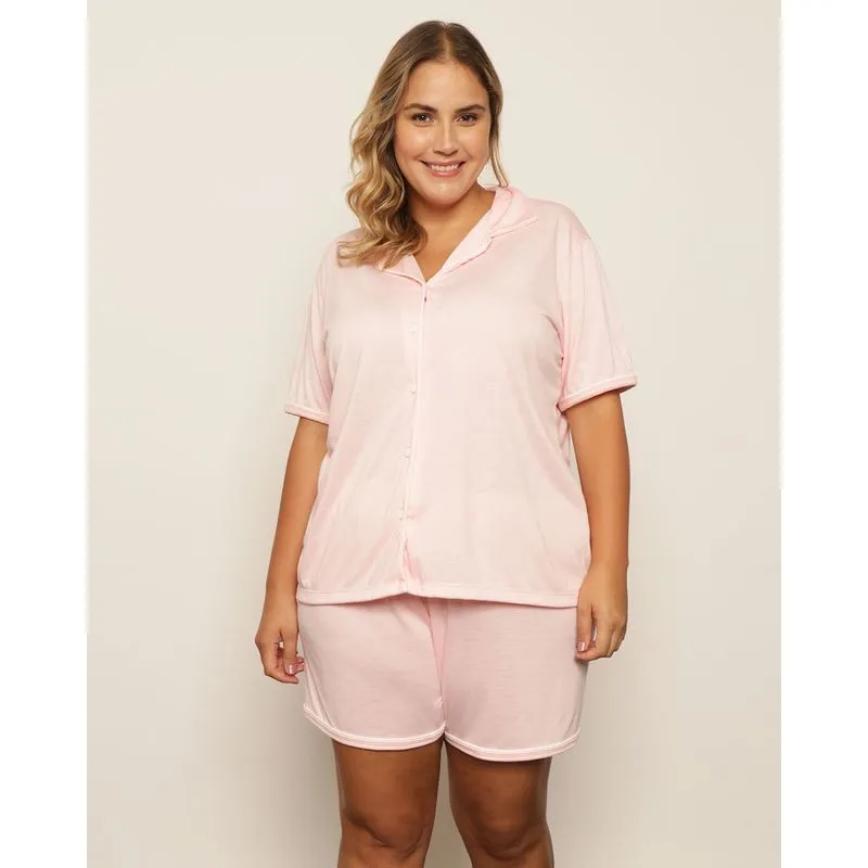 Pijama Plus Size Feminino Curto Gola Dobrável Rosa 52