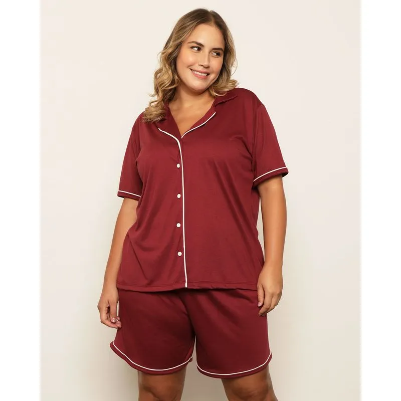 Pijama Plus Size Feminino Curto Gola Dobrável Vinho 50