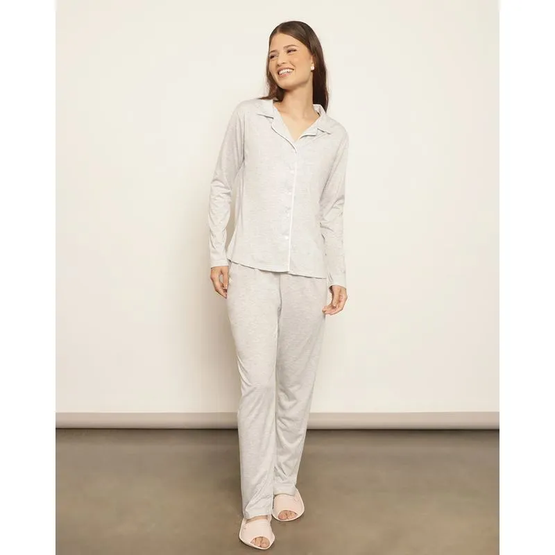 Pijama Feminino Longo Com Botões Manga Longa Cinza M