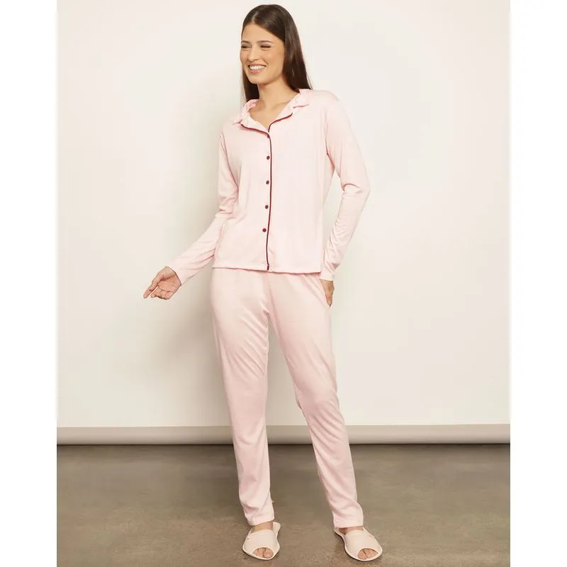 Pijama Feminino Longo Com Botões Manga Longa Rosa GG
