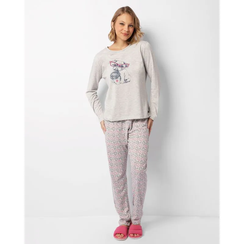Pijama Feminino Longo Estampa Frontal Cinza GG