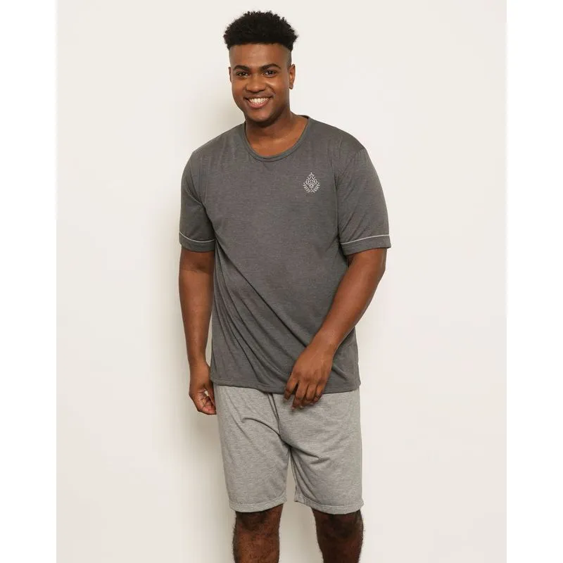 Pijama Plus Size Masculino Curto Bordado Frontal Cinza G2