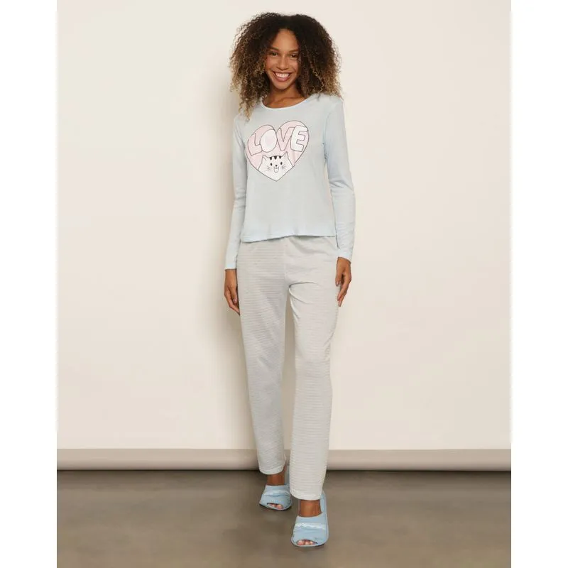 Pijama Feminino Longo Estampa Love Azul G