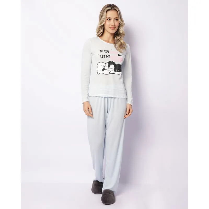 Pijama Feminino Longo Estampa Love Manga Longa Azul M